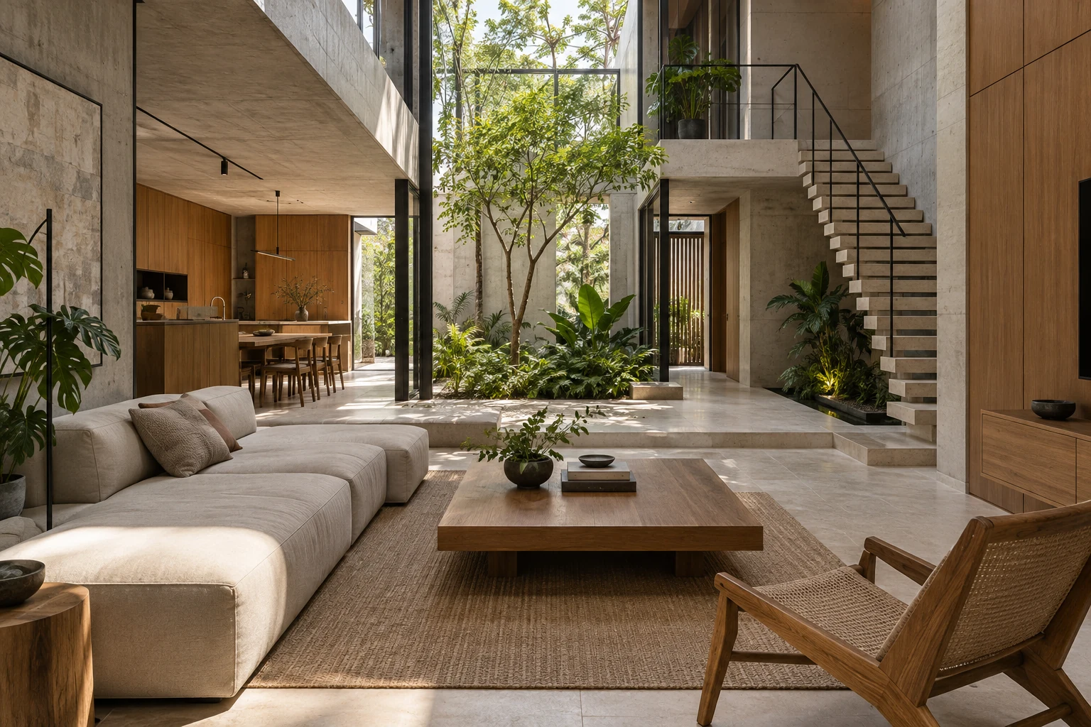Nội thất nhà ở với khoảng xanh trung tâm